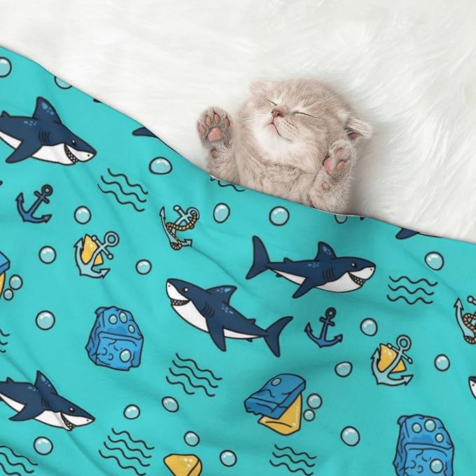 Two Sided Plush Pet Blanket for Warmth Comfort, Cute Shark and Anchor, Reversible Throw with Cozy Nubby Side for Chilly Nights Napping Spots Around House