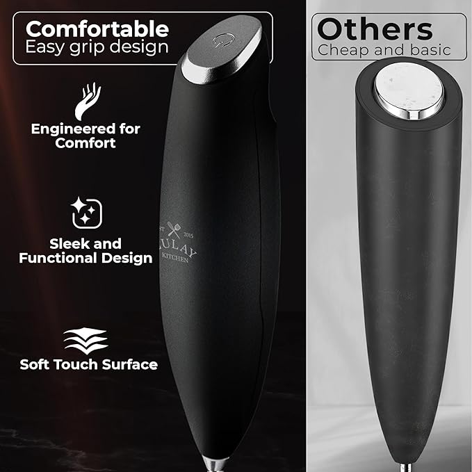 Zulay Kitchen Powerful Milk Frother Wand With Duracell Batteries - Ultra Fast Handheld Drink Mixer - Electric Whisk Foam Maker for Coffee, Lattes, Cappuccino & Matcha - Triple Whisk - Quartz Obsidian