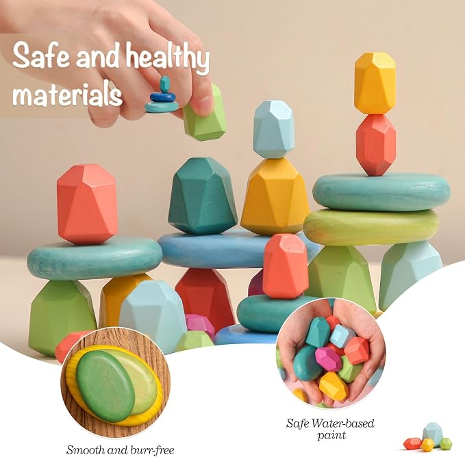 OESSUF Stacking Rocks 26Pcs Stacking Blocks Balancing Stones Wooden Building Toys Wood Stone Stacking Game for Toddler Sorting Preschool Educational Montessori Stacking Rocks for Kids