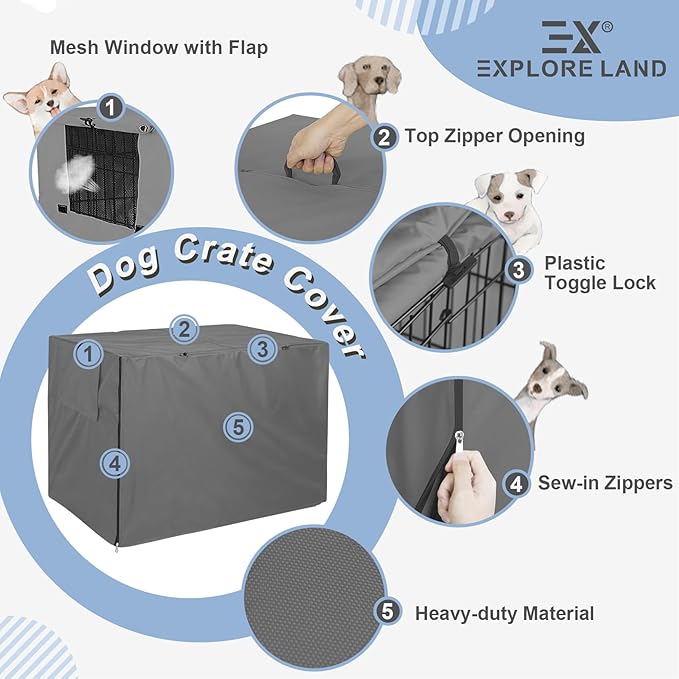 Explore Land Dog Crate Cover Heavy Duty Polyester Pet Kennel Sunshade Universal Fit for 54 inches Wire Cage (Grey)