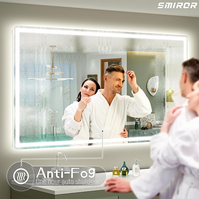 SMIROR LED Bathroom Mirror with Lights 60"x 36", Rounded Rectangle Lighted Vanity Mirror for Wall, Front Lit and Backlit, 3 Colors, Dimmable, Anti-Fog, Tempered Glass (Horizontally/Vertically)