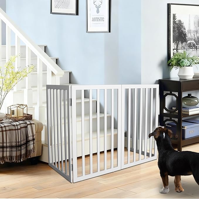 ZJSF Freestanding Indoor Dog Gate for House Foldable Wood White Puppy Gate for Doorways Pet Gate for Stairs Extra Wide Pet Fence 24" Height 3 Panels