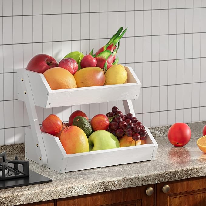 G.a HOMEFAVOR Fruit Basket for Kitchen, 2-Tier Fruit Bowl for Kitchen Counter, Vegetable Storage Stand for Fruit Shop, 15 mm Thickness (WHITE)