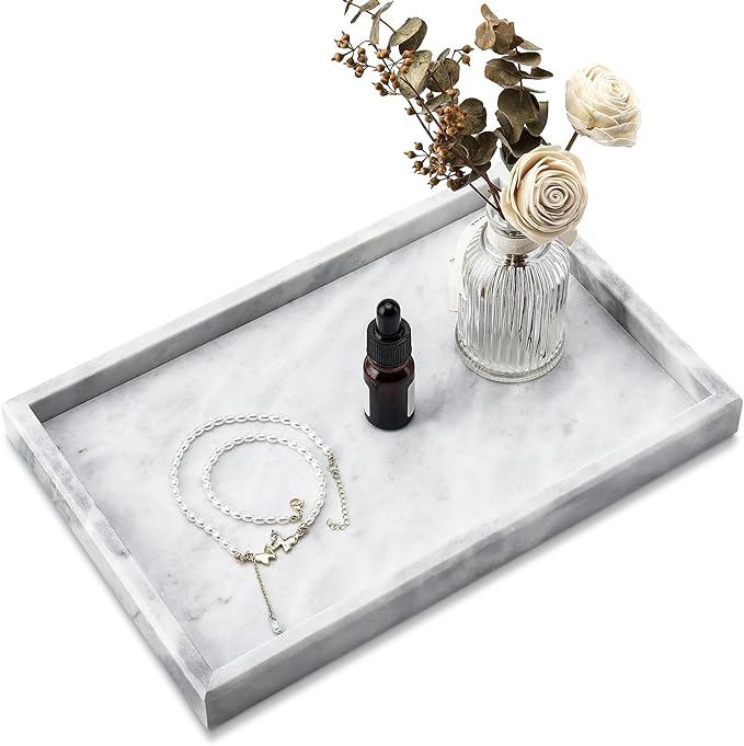 Real Natural Marble Tray for Bathroom, Vanity, Kitchen and Desktop, Rectangle Genuine Marble Stone Tray for Jewelry, Cosmetics, Candles, Lotion, Perfume and Home Decor