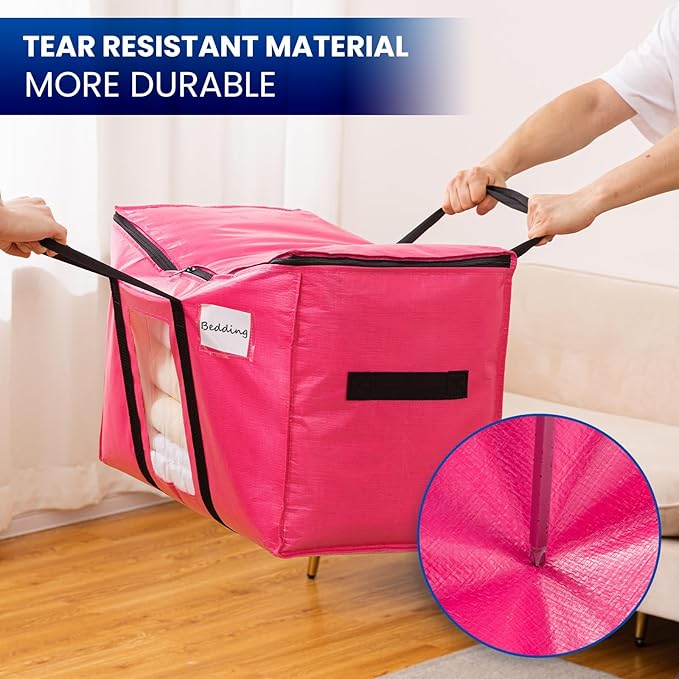 TAILI 10 Pack Pink Extra Large Moving Bags, Heavy Duty Totes with Visible Window, Wrap Around Handles, Ideal for Storage, Space-Saving
