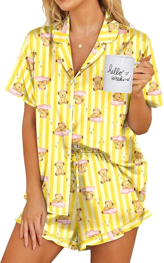 Ekouaer Womens Satin Pajamas Set Button Down 2 Piece Silk Pjs Shorts Set Ruffle Lingerie Notch Collar Sleepwear