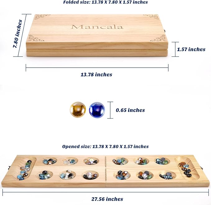 AMEROUS Wooden Mancala Board Game Set - Upgraded Larger Size - 72+8 Bonus Multi Color Glass Stones - Folding Board - Gift Package -Instructions, Portable Board Game for Adults, Kids