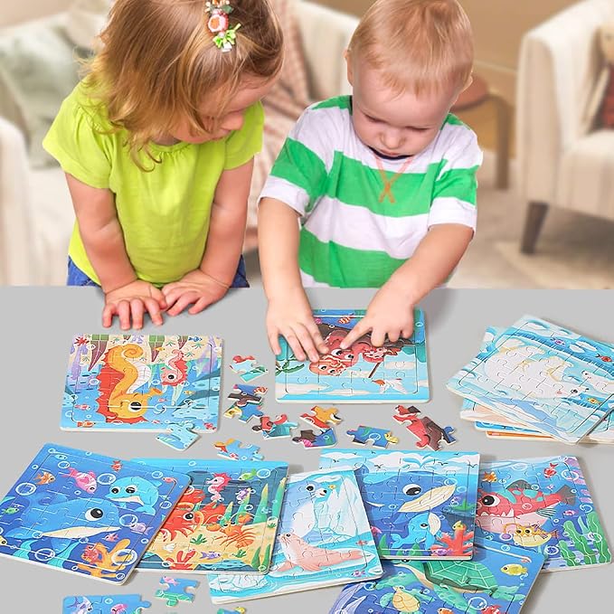 GRINNNIE Wooden Puzzle for Toddlers 3 4 5 Years Old, 12 PCS Jigsaw Ocean Animals Puzzles Preschool Learning Toys for Travel or Car, Birthday for Boys and Girls