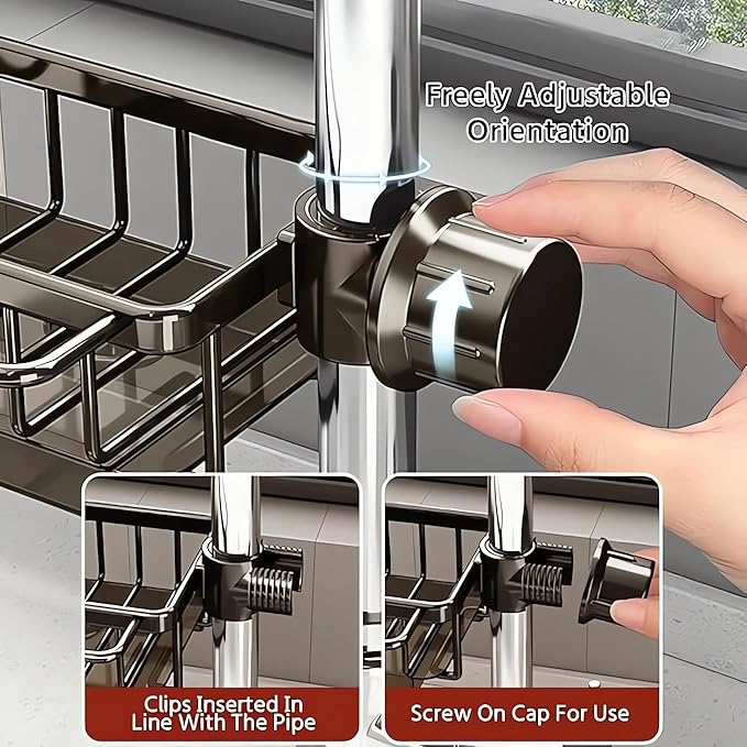 Kitchen Sink Faucet Organizer, Kitchen Sink Organizer Over Faucet, Over Sink Dish Drying Rack, Sponge Holder for Kitchen Sink, for 0.7-1.1 inch Round Water Pipe (Black, Integrated Type)