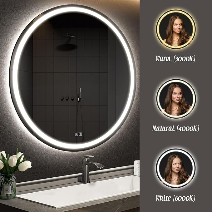 APRILSOUL 44 Inch Round LED Bathroom Mirror with Lights, Makeup Mirror with Front and Backlit, Anti-Fog, 3 Colors and Dimmable Light