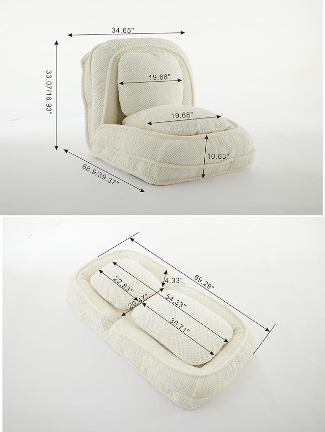Human Dog Bed for Adult and Kids, Comfy Foldable Lazy Floor Sofa Bed with 5 Adjustable Position, White Upholstered Floor Bean Bag Lounger Chair for Bedroom, Living Room,Office (White.)
