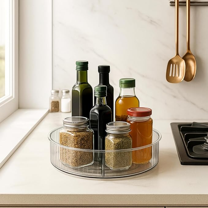 Oggi 10" Fluted Lazy Susan Turntable Organizer – Clear Rotating Cabinet Organizer for Kitchen, Pantry, Fridge, Bathroom, Spices, Perfume, Makeup & More – Stylish Storage & Organization