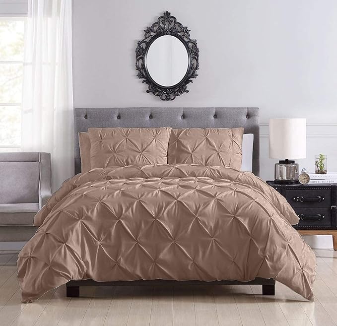 Pinch Pleated Duvet Cover Set 100% Cotton 3PC Queen Size 90x90 Duvet Cover Set, Decorative Pinch Design Taupe Duvet Cover with Matching Pillow Case