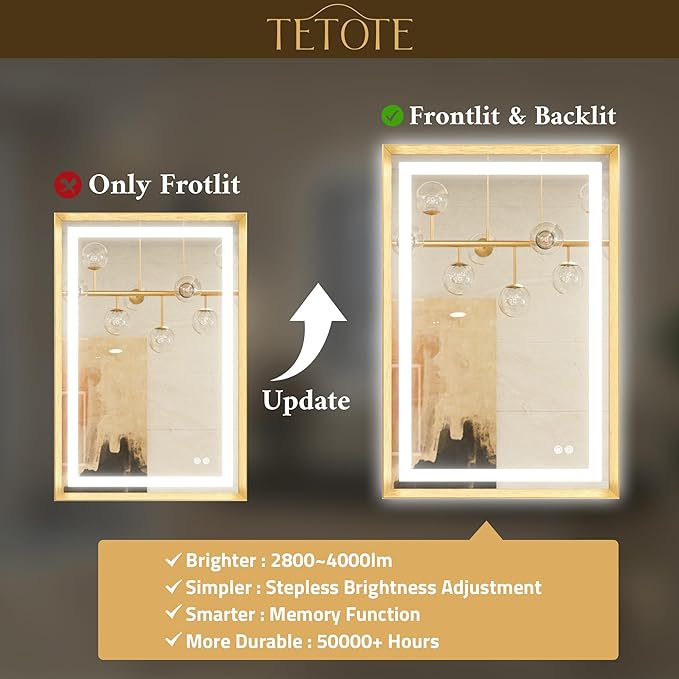 TETOTE Led Bathroom Mirror 30 x 30 with Brushed Gold Frame Anti-Fog Frontlit & Backlit Vanity Mirror Stepless Dimmable Lighted Mirrors for Bathroom Wall 3 Colors White/Warm/Natural Wall-Mounted