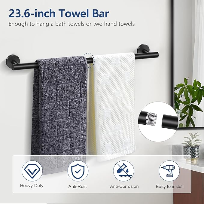 TQKAG 5 Piece Bathroom Towel Bar Holder Sets Matte Black Bathroom Hardware Set Stainless Steel Toilet Paper Holder with Shelf Bathroom Accessories Kit Wall Mounted