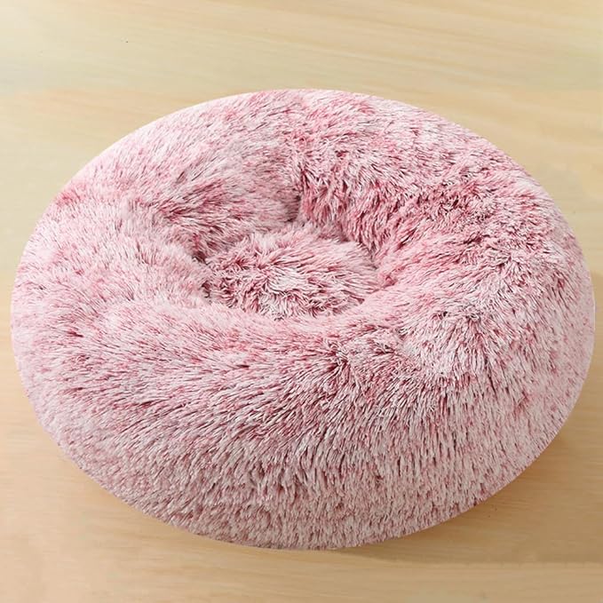 Calming Large Dog Bed Cat Bed, 40 Inch Donut Fluffy Anti-Anxiety Round Bed Washable Cute Bed, Cuddler Warming Cozy Soft Bed, Plush Cushion Bed for Small Medium Dogs and Cats (Rose White)