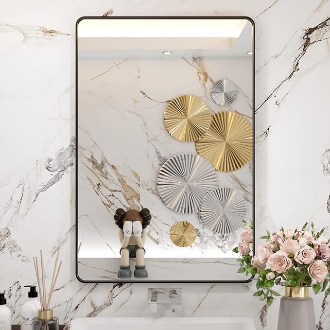 WEER Black Framed Bathroom Mirror, 24X36 Inch Rounded Rectangle Black Bathroom Mirror, Matte Black Bathroom Vanity Mirror for Wall, Anti-Rust, Tempered Glass, Hangs Horizontally or Vertically