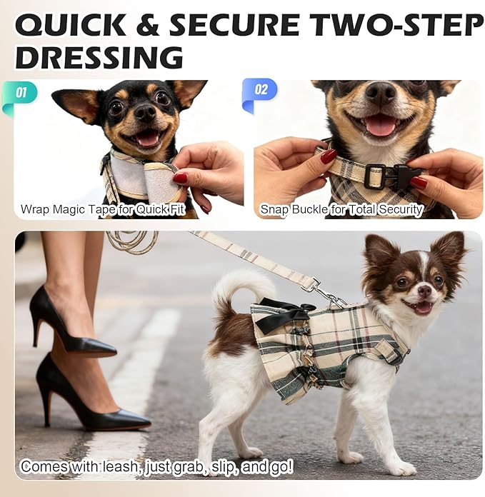 EXPAWLORER Dog Harness Small Medium Sized Dogs, Plaid Dog Dress Bowknot Harness and Leash Set, No Choke No Pull Soft Mesh Vest Cute Princess Puppy Outfits Clothes Costume for Girls Party Cats Beige M