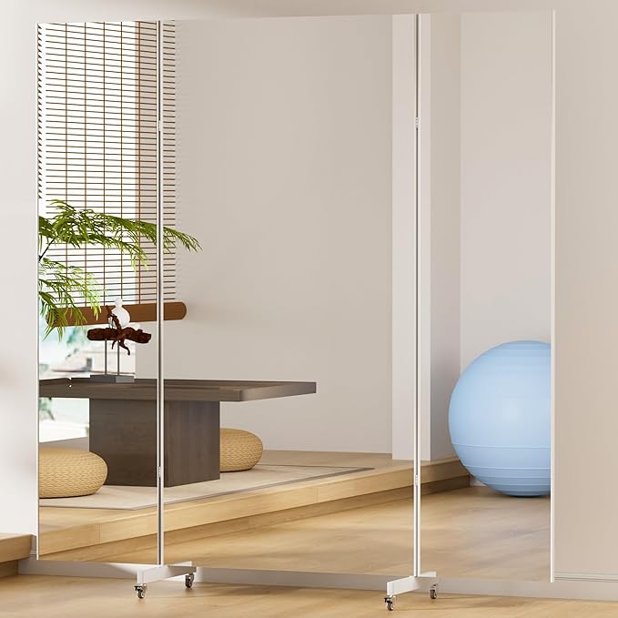 Brisafe 81" x 81" Extra Large Full Length Tri-Fold Mirror on Wheels, Stand Up Movable Floor Mirror with Stand, 3-Way Folding Standing Mirror for Gym, Dance Studio, Fitness Room & Home, Silver