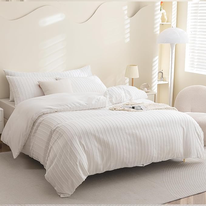 JELLYMONI Duvet Cover Full Size White - 3PCS Boho Striped Duvet Cover Set Polyester Tufted Bohemian Textured Comforter Cover 80×90in with Corner Ties & Zipper and 2 Pillowcases