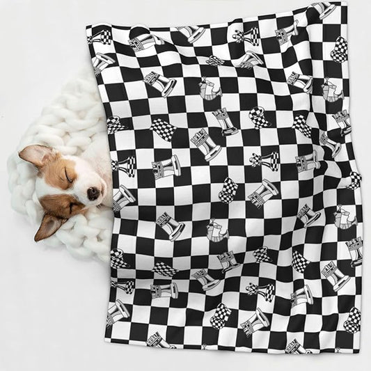 Two Sided Plush Pet Blanket for Crates Carriers Home Use, Checkered Race Waving Flag, Reversible Throw with Cozy Dot Fabric and Silky Reverse for Small Large Pets