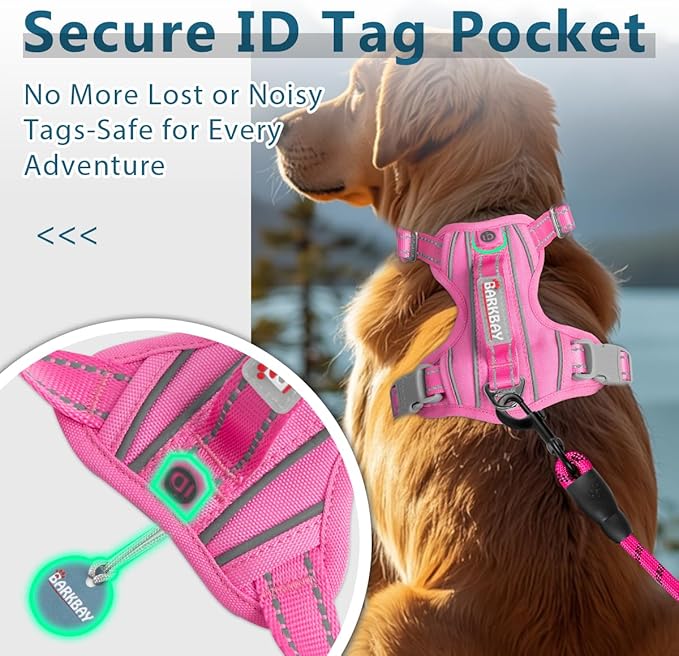 BARKBAY Dog Harness No Pull with ID Tag Pocket - Heavy Duty, Reflective, Easy Control for Large Dogs(Pink,M)