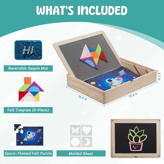 Sensory Board for Toddlers & Kids – Wooden Sensory Sequin Box with Flip Mats, Space Felt Puzzle & Tangram | Montessori Sensory Toy for Calm Down Corner, Autism, Classroom & Daycare