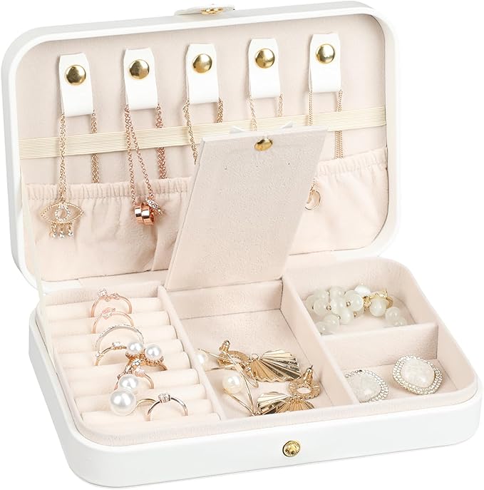 Small Jewelry Box, Travel Jewelry Case Portable Jewelry Boxes for Women, 2-Layer Mini Jewelry Travel Organizer, Gift for Women Girls,White D