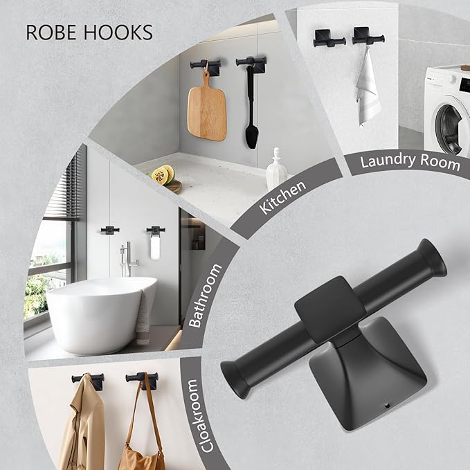 Matte Black Bathroom Hardware Set 5-Pieces, SUS304 Stainless Steel Bath Towel Bar Set Wall Mounted, Including Hand Towel Bar,Towel Ring, Toilet Paper Holder, 2Pcs Robe Towel Hook