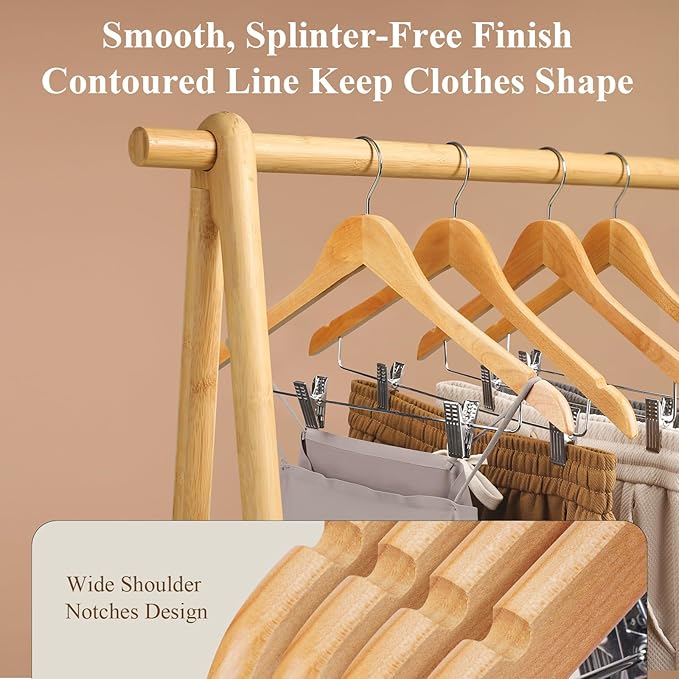 Wooden Hangers with Adjustable Heavy Duty Clips - 12 Pack Pants, Skirt, Jeans, Slacks, Shorts Hangers (Natural)