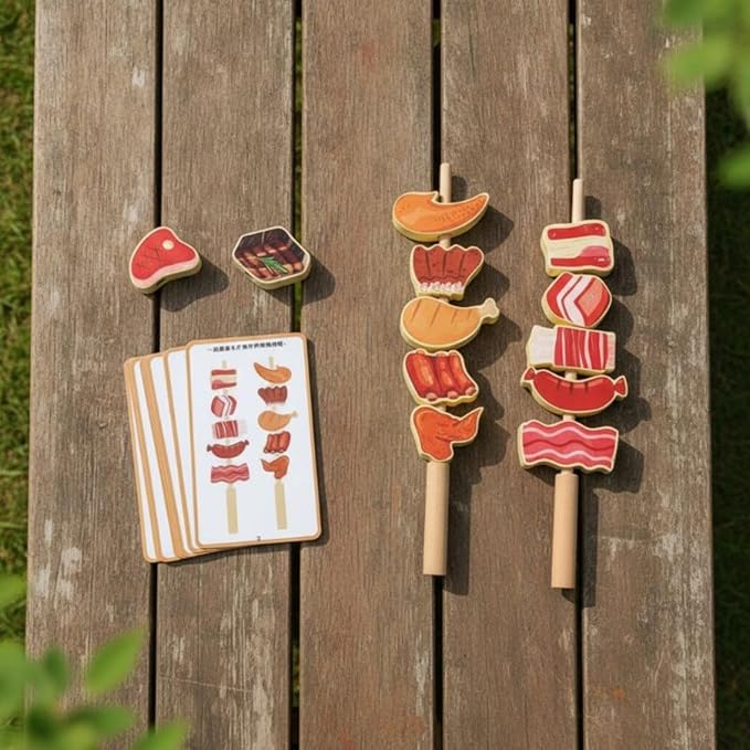 Children Cognitive Game Educational Toy Fruit Skewer Threading Game Stacking Blocks Lacing Beads Wooden Material for Early Learning Fine Motor Skills, Vegetable Skewers