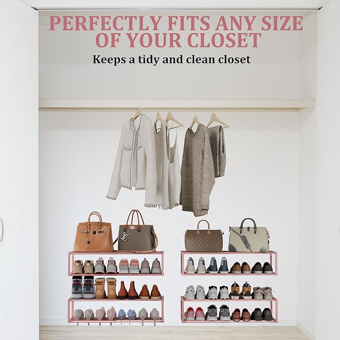 2 Pack Expandable Wall Mounted Shoe Rack, 17"-31" Adjustable Hanging Shoe Rack Holds 16 Pairs, Heavy Duty Metal Shoe Holder with 4 Storage Hooks, Space Saving for Entryway Closet Doorway（Pink）