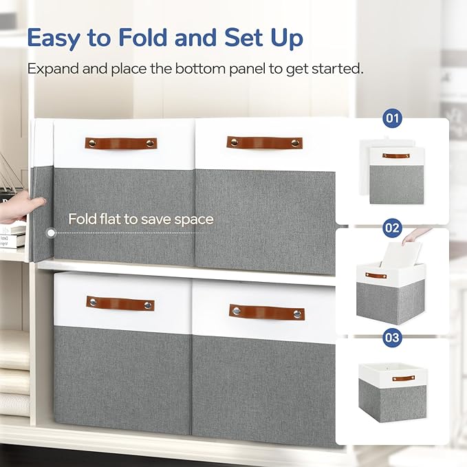 13x13 Storage Cubes 6-Pack, Large Foldable Fabric Cube Storage Bin with Reinforced Bottom and Labels, Organizer Baskets for Shelves, Closets(White/Gray)