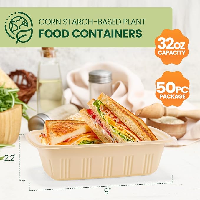 100 Piece (50 Pack) Meal Prep Containers with Lids,32 oz Resuable Cornstarch Material Salad Containers, Plant-based Lunch Boxes, Plastic Take Out Bowls BPA Free, Microwave Freezer Safe, Stackable