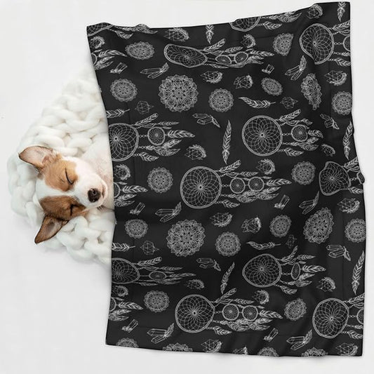Double Sided Pet Mat for Dog Bed Topper Cat Blanket Furniture Protector, Black and White Mysterious Dream Catcher, Reversible Plush with Tactile Dot Pattern for Style Change