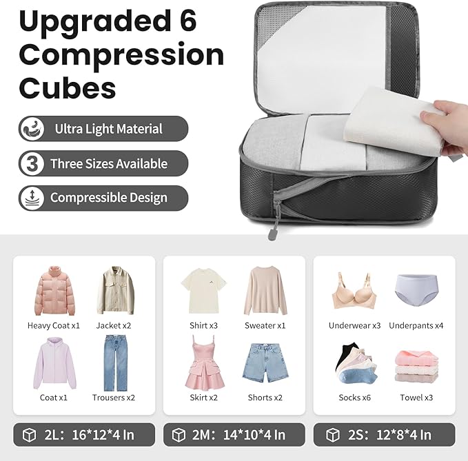 8 Set/6 Set/4 Set Compression Packing Cubes for Travel, Lightweight Vacation Travel Essentials, Travel Accessories for Suitcase Organizer Bags Set, Durable Luggage Organizer