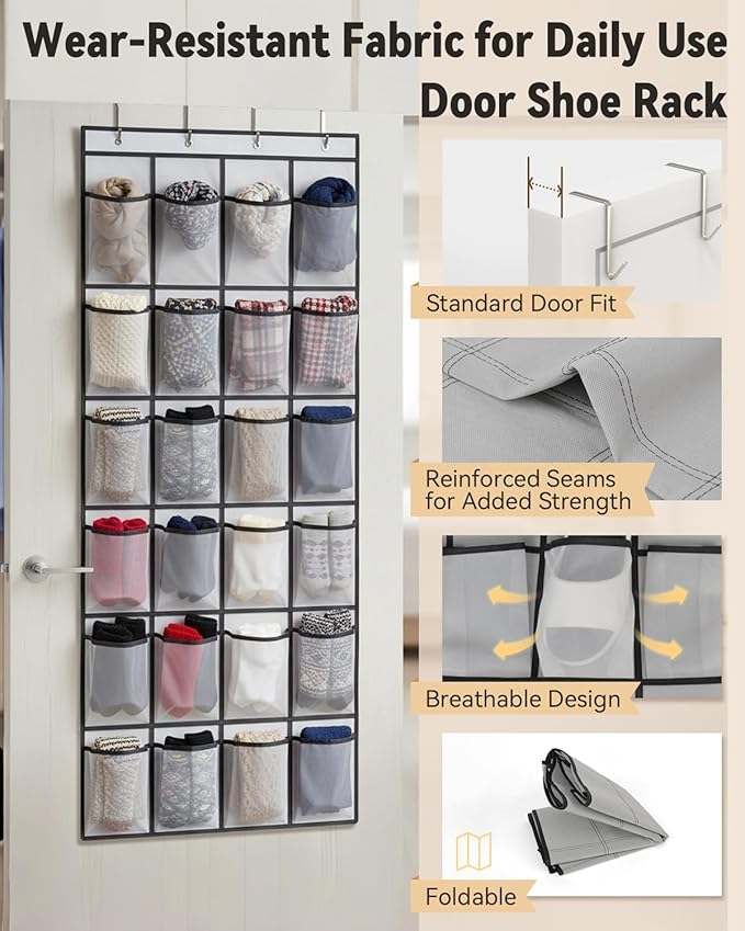 dodowin Over the Door Shoe Organizer Rack, 24 Large Breathable Mesh Pockets, Foldable Hanging Storage Holder for Closet Door, Space Saving Shoe & Accessory Organizer with 4 Metal Hooks, Gray