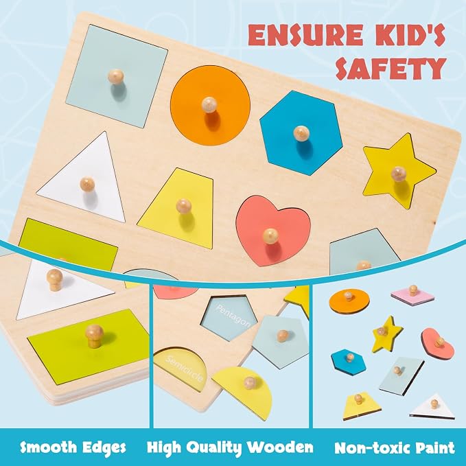 Montessori Toy for Babies 12-18 Months Wooden Shape Puzzles for Toddlers 1-3,Shape Peg Puzzles,Baby Puzzle 12-18-24 Months with Knob,Color & Shape Sorter for Toddlers(12 Geometric Shapes)