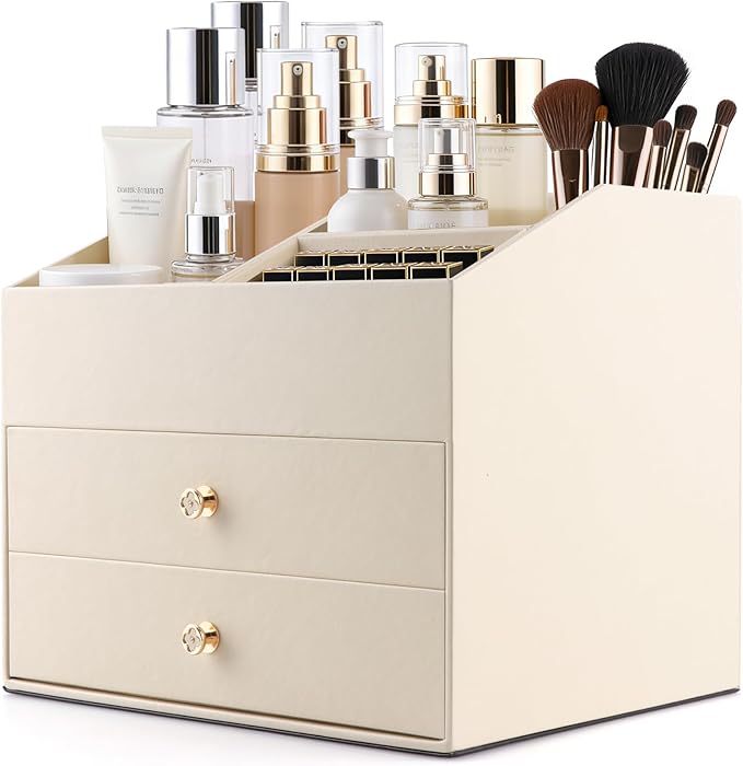 Homeanda Makeup Organizer with Drawers, PU Leather Cosmetic Storage Box Large Cosmetic Display Case for Skincare, Lipstick, Brushes, Bedroom Storage(Beige)