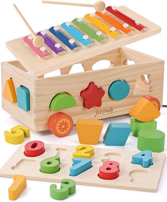 Shape Sorter - Wooden Xylophone and Montessori Number Puzzle Set for Babies - Educational Sorting Game with Storage Car for Toddlers