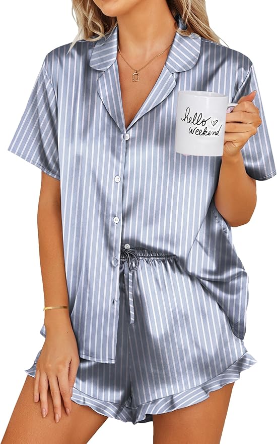 Ekouaer Womens Satin Pajamas Set Button Down 2 Piece Silk Pjs Shorts Set Ruffle Lingerie Notch Collar Sleepwear