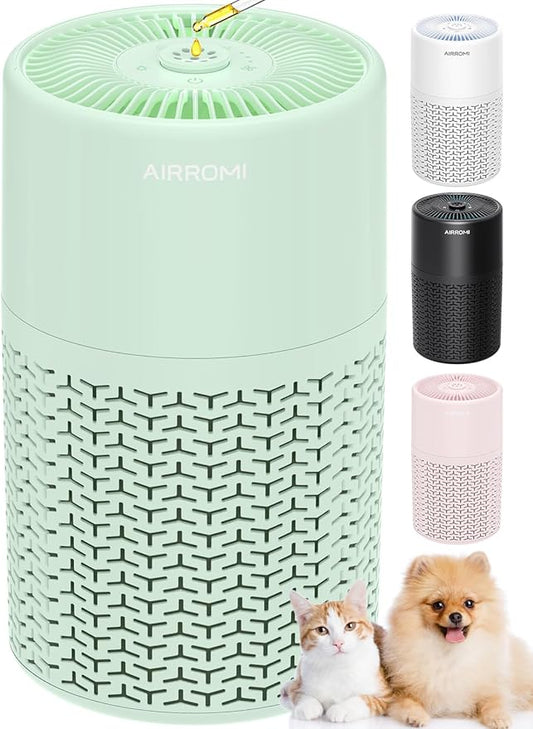 AIRROMI Pets Air Purifier for Home Allergies,Up to 660 ft². HEPA Deodorizing Activated Carbon Filter,With Fragrance Sponge for Better Sleep,Night Light,Pet Dander,Smoke,Odors,Air Cleaner A2002 Green