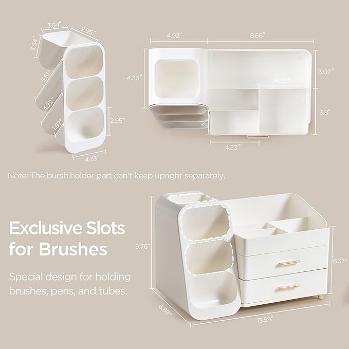 HBlife Makeup Organizer with Brush Holder for Vanity, Large Plastic Bathroom Countertop Organizer Skin Care Storage, Easy to Store Lipsticks, Nail Polishes, Perfumes, Eyeshadow Palettes, All White