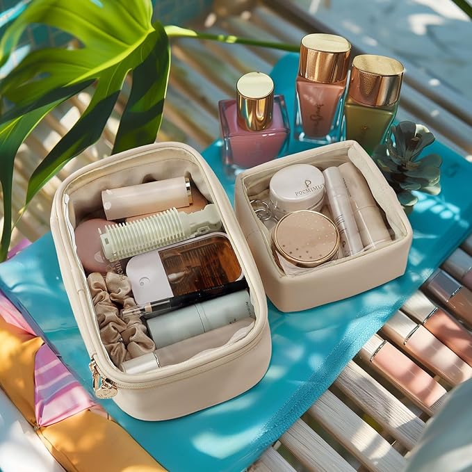 Pocmimut Mini Makeup Bag with Small Cosmetic Bag Travel Essentials Organizers,TSA Approved Toiletry Bag Makeup Pouch Clear Cosmetic Bags for Women,Beige