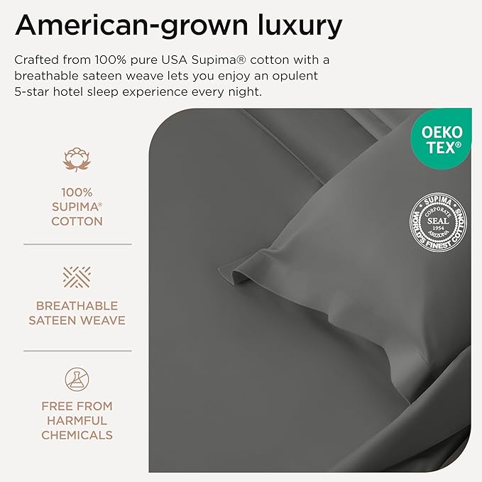 Threadmill Certified 100% American Supima Cotton Luxury Sheets, California-King Sheets, 1000 Thread Count Sateen Weave, 4 Pc Bed Sheets Set, Dark Grey Sheet with Elasticized Deep Pocket