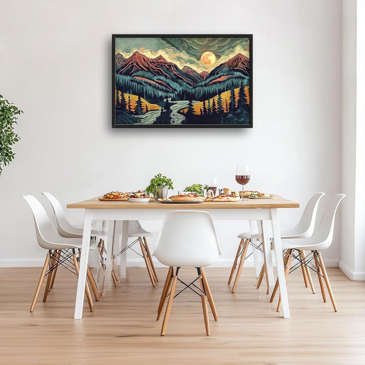 Quorin Boho Mountain Large Wall Art Abstract Pictures Lake Pine Tree Forest Foggy Sunset Wall Decor Nature Landscape Canvas Print Painting Artwork for Bathroom Living Room Bedroom 36L x 24W