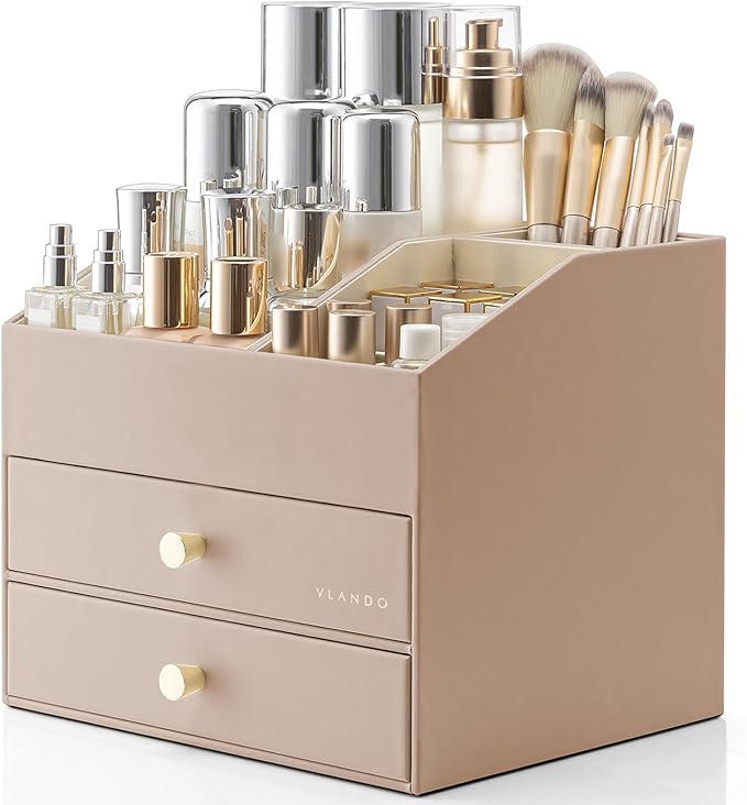 Vlando Makeup Organizer for Vanity,Large Capacity Countertop Organizer with Drawers, PU Leather Cosmetic Display Case for Lipstick,Brushes,Skincare,Bedroom Storage (Toffee)