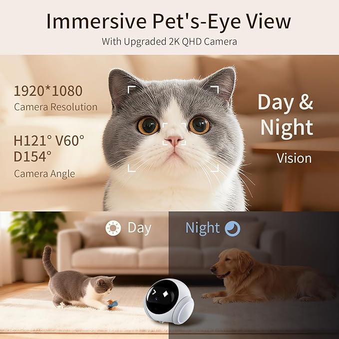Pet Camera Robot Companion Monitor – Movable Home Security Cam with 1080P Video, 2.4GHz WiFi, Motion Tracking, Laser Toy, Two-Way Talk – App Control for Dogs & Cats
