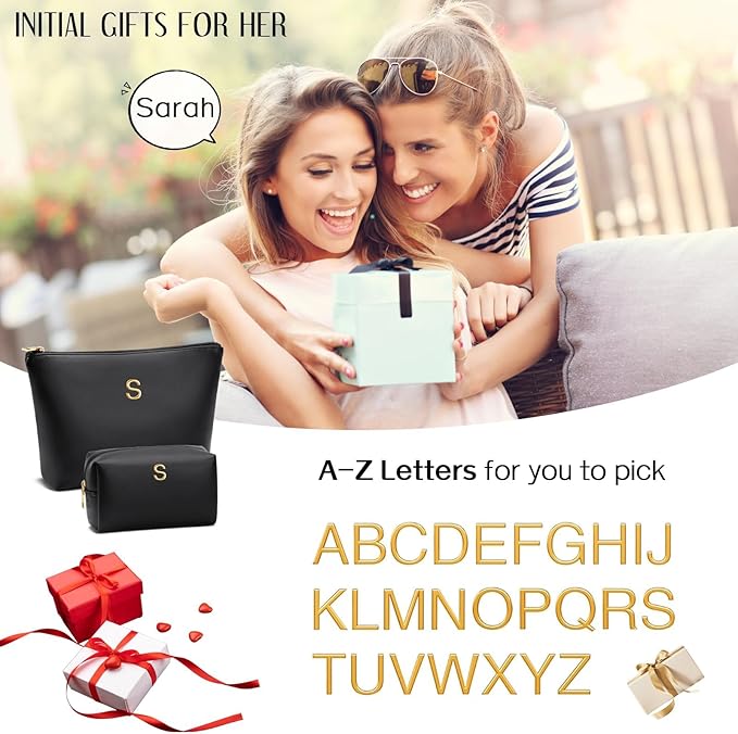 Valentine's Day Gifts for Women Girlfriend Initial Makeup Bag for Teen Girls Personalized Gifts for Friend Teacher Mom Wife Cosmetic Travel Toiletry Bag(Black,B)