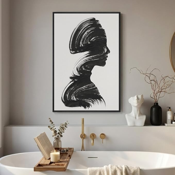 Modern Framed Black and White Abstract Wall Art, Minimalist Elegant Canvas